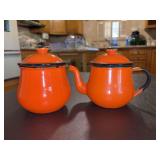 Vintage (60s) oTo Japan Orange w/Black Trim Enamleware Tea Pot and Sugar Bowl…..in used condition