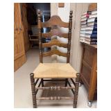 Vintage wood ladder back chair with Rush seating…..20-1/4 x 15-1/2 x 18 tall to seat (44-1/4 tall overall)…..wood shows wear from normal use but seating is solid