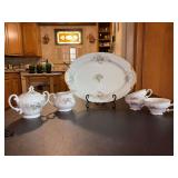 (6) miscellaneous pieces of fine china featuring the "Forget Me Not” pattern from Japan - creamer/sugar set, 14-3/4” platter and 3 cups