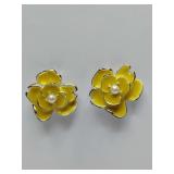 Vintage Kenneth Jay Lane Yellow and Pearl Enamel Flower Earrings, Gold Tone. Need backs.