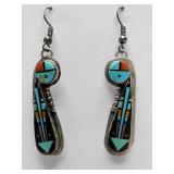 Handmade sterling silver dangle earrings Native American Navajo "Night Sky" inlay design, attributed to artist Gilbert Smith. Weigh 5 grams.