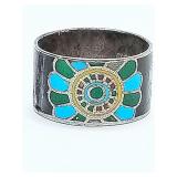 Vintage cloisonné enamel band ring, SIAM 925 Sterling, black background, blue/green petals, red dots in center, size 6.5, weighs 2 grams.