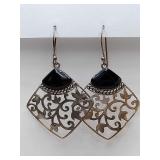 CFJ Thai sterling silver dangle earrings featuring a black onyx gemstone in a fan or kite-shaped filigree design. Weighs 4 grams.