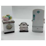 Porcelain hinged trinket boxes, washing machine, refrigerator, and a toaster.