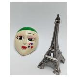Vintage Masquerade Harlequin Clown Mask Brooch Collectible, and Vintage Eiffel Tower 2.75” Metal Statue Figurine Made In France Tour Souvenir.