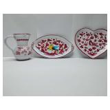 Vintage Deruta Italian Pottery Heart Trinket Dish: Hand-Painted Bird, Red Floral, spoon rest, mini creamer.