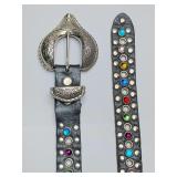 Navajo style Vintage Black leather belt, large silver buckle and keeper, studded and jeweled. 45" long. Loved and worn.