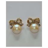 Vintage Nina Ricci Peirced Earrings Faux Pearl Bow Rhinestones Gold Tone. Need backs