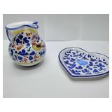 Italian majolica pottery pitcher, from Deruta, classic Arabesco pattern with floral motifs and a central bird. Vintage Deruta Pottery Heart trinket soap Dish, Italian Bluebird Jewelry Tray
