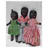 Vintage or antique Black Americana cloth folk art dolls, likely dating from the late 19th to the early 20th century. 9" - 10" tall.