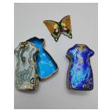 Vintage Chinese hand-painted butterfly motif hair comb and, vintage Chinese cloisonné enamel trinket boxes shaped like traditional Qipao dresses.