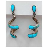 Mexican 925 Sterling Silver Turquoise Spiral Drop Dangle Earrings, Zuni and Southwest American Native. Weigh 6 grams.