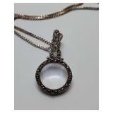 925 Silver magnifying glass pendant necklace, in a vintage or Victorian-inspired style on a 925 Italian box chain. Weighs 27 grams