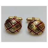 Vintage Christian Dior gold tone cufflinks, harlequin pattern with red.