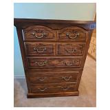 Five drawer chest of drawers. 38.25 x17.5 x50 in tall. Manufacturer unknown