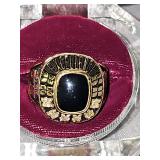 18K yellow gold ring with 6 small diamonds. Size 13 1/2--14. Weight 38.29 grams. See all photos for more information.