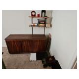 Solid wood credenza and contents on shelf as shown. HEAVY. Bring help to load this item.