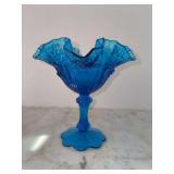Vintage Fenton Cabbage Rose compote candy dish in Colonial Blue with a ruffled rim