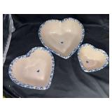 Set of (3) unmarked stoneware heart shaped farmhouse/spongeware-style bowls