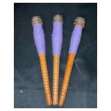 Set of (3) antique thread spools with original lavender thread - 8-3/4” long