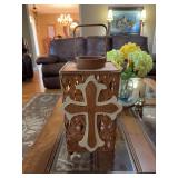 Brown lantern with cream and brown cross 7 1/2 in.² by 12 inches tall