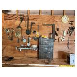 Large group of tools on wall plus drawer divider with contents. 18” x 25 1/2”