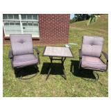 Two swivel chairs and table set. The table is 26 in.² by 27 inches tall the chairs are 25 1/2 inches wide by 27” x 39” with the seat height to be in 20 inches.
