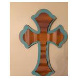 Teal and metal cross 16” x 24”