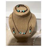 Blue and white beaded necklace bracelet earring set