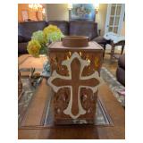 Brown lantern with cream and brown cross matches lot number 32.  7 1/2 in. by 12 inches.