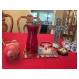 Grouping of home decor pieces; 2 Ruby Red items , a red and green glass ornament and a few others￼