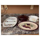 Large Vision Wear covered casserole, Corning Ware casserole, and two platters