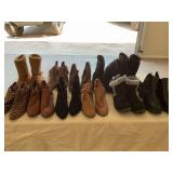 Group of size 7 and 7 1/2 inch black and brown boots and booties