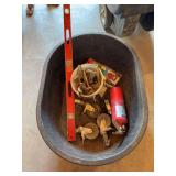 28 x 38 feeding trough with bucket of bits and miscellaneous tools ￼