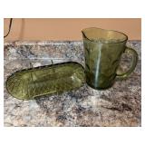 Vintage Indiana glass ￼avocado basket weave tray 10 1/4“ x 4 3/4“ and a vintage avocado Hazel El Dorado pitcher-with ice lip