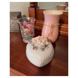 A group of three decor pieces as shown; the rose dresser box is 7“ x 6“. The flowered vase is 6 inches and 4 1/2 inches wide. The pink vase is 4 1/2“ x 8“ contents not included
