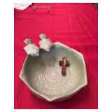 6 inch green pottery bowl with birds and a little wooden cross