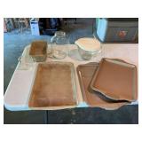 Grouping of kitchen supplies, two Hamilton Beach cookie sheets, three pampered chef items and some glass items