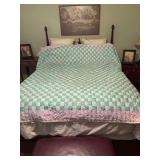 Hand stitched queen size quilt -green and lavender￼