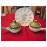 Vintage floral egg tray with two green bean pot/￼ soup bowls
