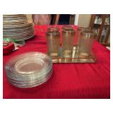 Set of six vintage avocado with gold glasses and 7 desert plates ￼