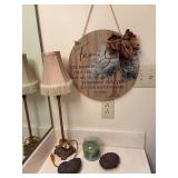 Grouping of home decor; 14 inch family wall hanger, 22 inch tall lamp and two cast iron shell trinket boxes