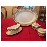 Nortake Japan 24 kt gold trimmed china. 16 x 12“ platter, a gravy boat with under plate and a cream and sugar bowl.