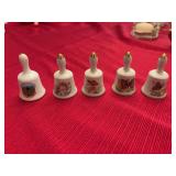 Five miniature porcelain bells the four butterflies are Japan 1 1/4“ x 2“