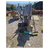 Pallet w/ Assorted Shovels, Brooms, and Brute Trash Can