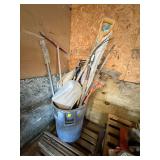 Assorted Long Handled Tools w/ Trash Can