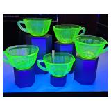 Set of 5 Hocking Glass Company (later Anchor Hocking) 'Princess' green uranium depression glass tea cups.