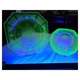 Anchor Hocking 'Princes' green uranium depression glass from the 1930s. One bowl and 1 plate (small chip)