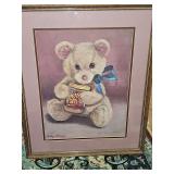 Artist signed limited edition 241/1500 by artist Sandy Scruggs. 'Lunch Time' features aTeddy bear with Peter Pan peanut butter jar and blue bow. 17 x 21 in tall.