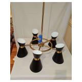 Mid-century modern ceiling hung 5-light fixture. Each bulb fixture is adjustabe to desired lighting location. 22-in diameter x 37-in tall to base of electrical box. Blue tape holds additional parts fo